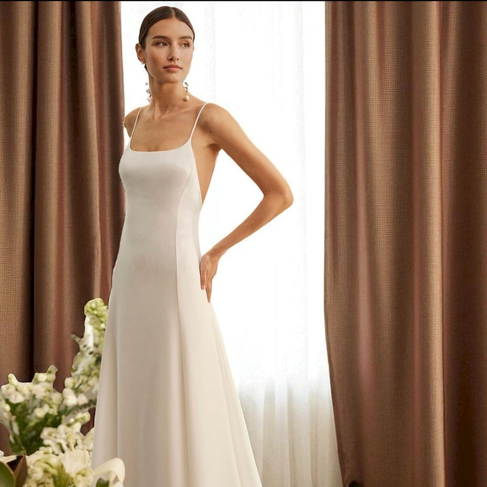 White crepe spaghetti Strap Gown, wedding, formal